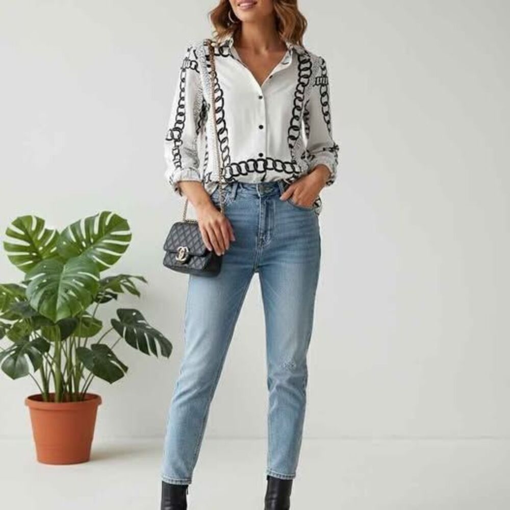 NWT Womens Longsleeve Blouse by OVI/fashions black/white chain pattern sz Medium